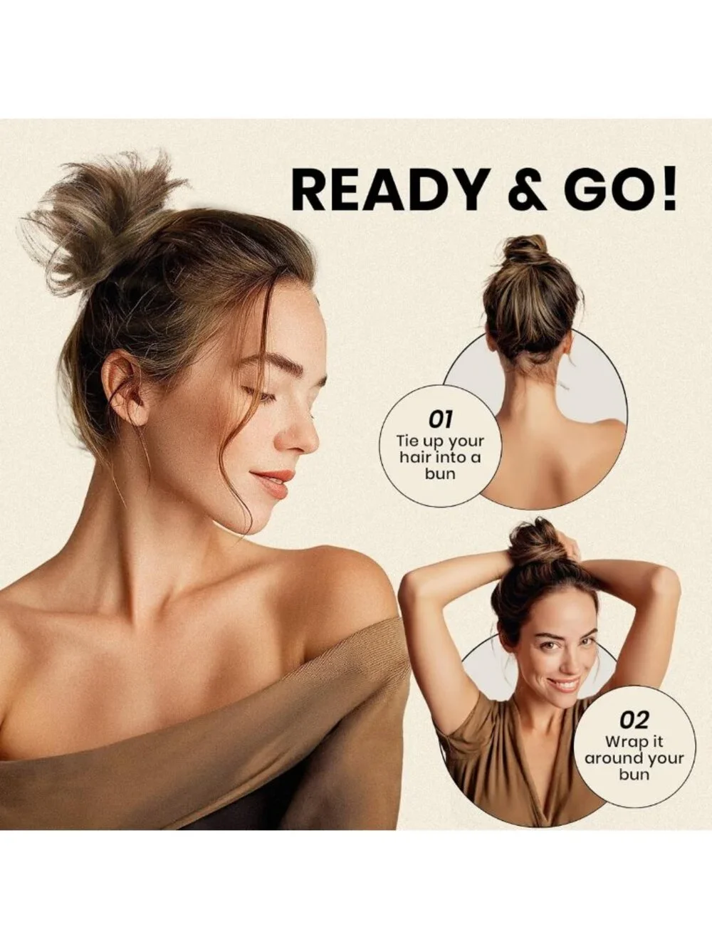 Messy Bun Hair Piece - Human Hair Blend, Medium Brown & Dark Blonde, Easy Style